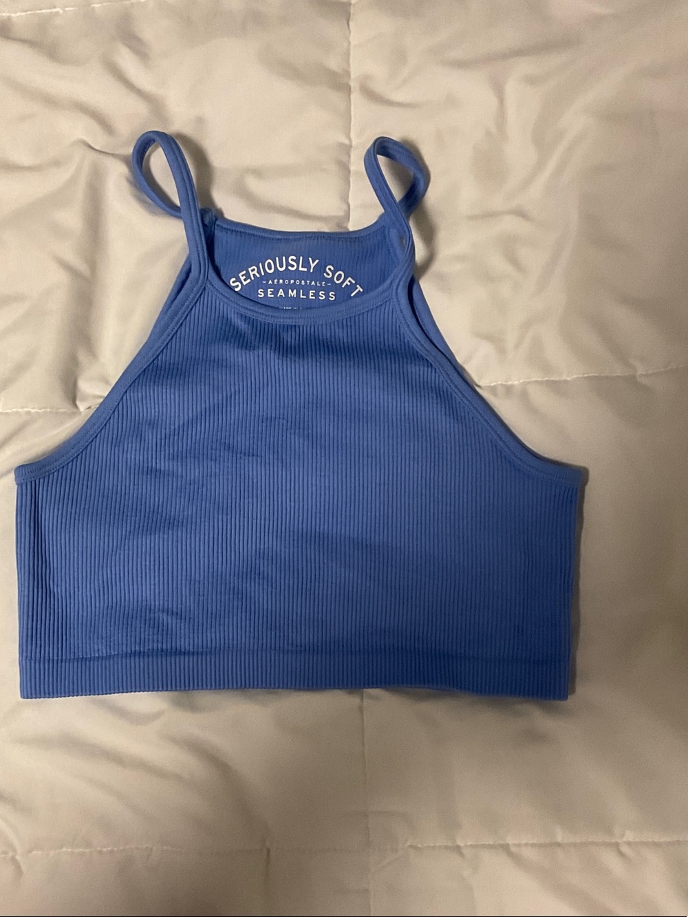 Aeropostale Ribbed High-Neck Crop Tank Top - Blue